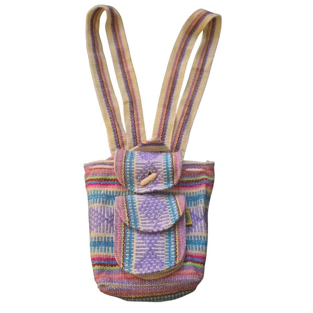 Pinzon Woven Mini Backpack Boho Artisan Striped Purple Blue Small Drawstring Bag